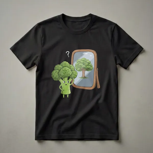 A green cartoon broccoli character with a questioning expression looks into a mirror, which reflects a large green tree. The t-shirt is black.