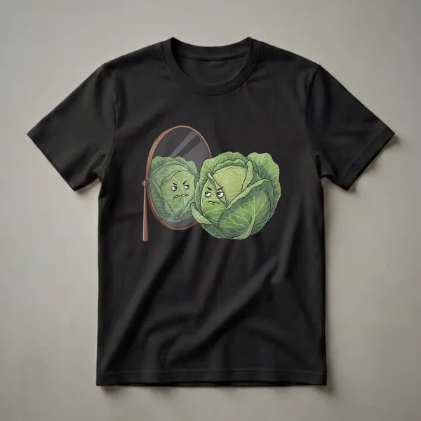 A green cabbage with an angry face looks into a handheld mirror, with its reflection also appearing angry, on a black t-shirt.