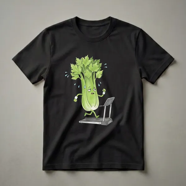 Green celery stalk character running on a treadmill with sweat drops, wearing white wristbands, on a black background.