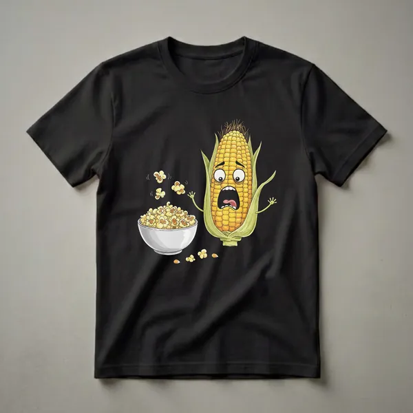 Black t-shirt featuring a cartoon corn cob with a shocked expression, green husks, and a bowl of popcorn with pieces flying.