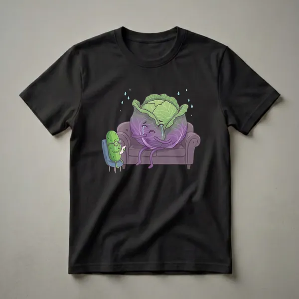 Black t-shirt with a cartoon graphic of a red cabbage crying on a couch while a pickle in glasses acts as its therapist, with water droplets falling from above.