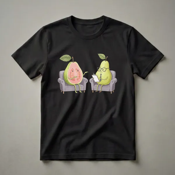 A graphic t-shirt featuring a watercolor illustration of a guava and a pear sitting on couches in a therapy session, with the guava speaking and the pear taking notes.