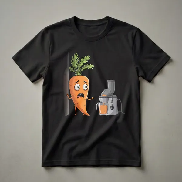 Black t-shirt featuring a cartoon carrot with a scared expression hiding behind a dark object, looking at a juicer processing another carrot into juice.