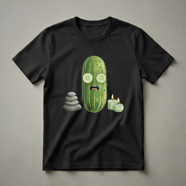 Green watercolor graphic t-shirt featuring a pickle with cucumber slices on its eyes, a stack of spa stones, and two lit green candles, set against a black background.
