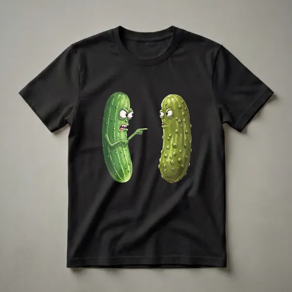 Green graphic t-shirt featuring a cartoon cucumber pointing angrily at a cartoon pickle, both with expressive eyes and mouths, set against a black background.