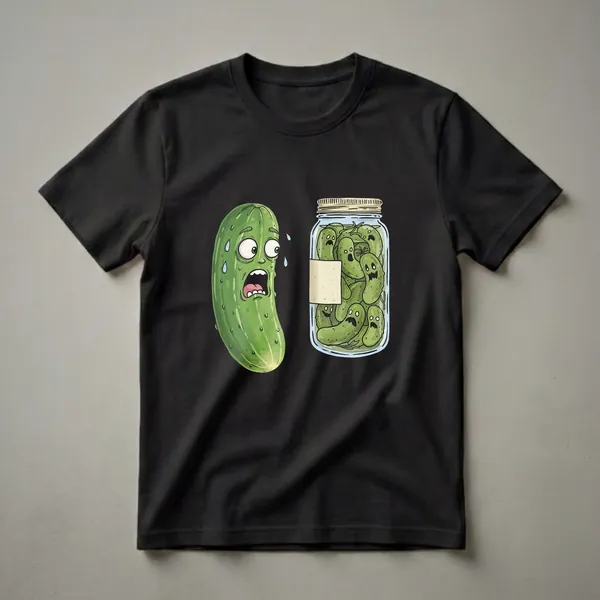 Green graphic t-shirt featuring a cartoon of a scared pickle sweating on the left and a glass jar filled with pickles with ghost-like faces on the right, against a black background.