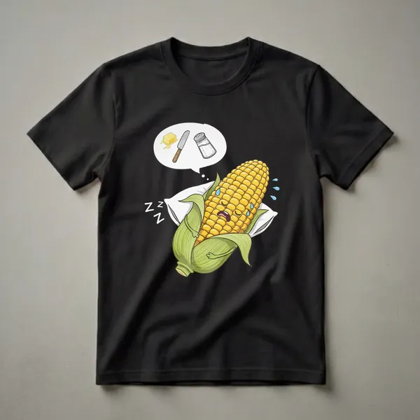 A black t-shirt featuring a cartoon corn cob character wearing its husk as pajamas, sleeping on a pillow and dreaming of butter and salt.