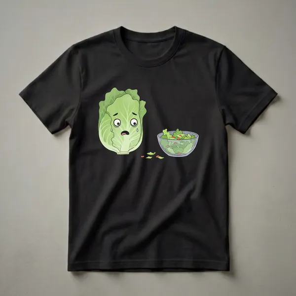 White graphic t-shirt featuring a cartoon head of lettuce with a sad expression and a tear, standing next to a glass bowl filled with green salad.