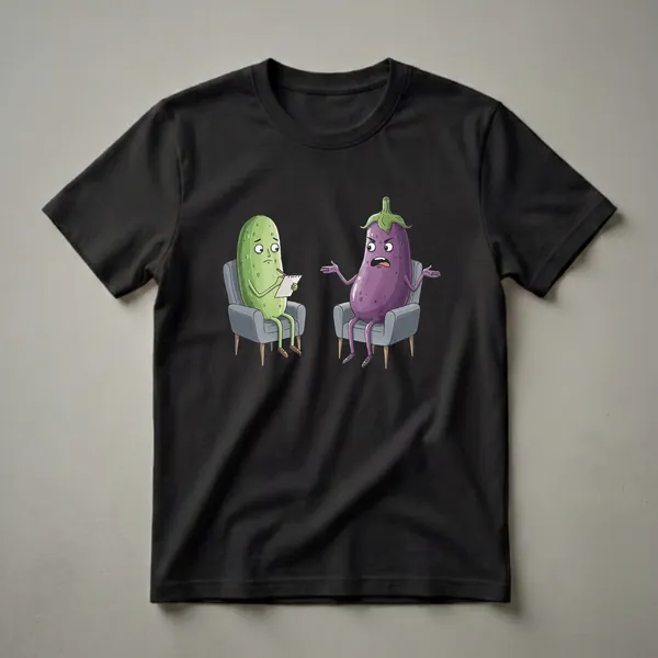 A graphic t-shirt featuring a cartoon cucumber therapist taking notes and a frustrated cartoon eggplant in a therapy session, set against a black background.