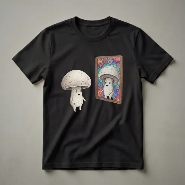 White graphic t-shirt featuring a watercolor illustration of a surprised mushroom character looking into a mirror that reflects a colorful, psychedelic swirl pattern.