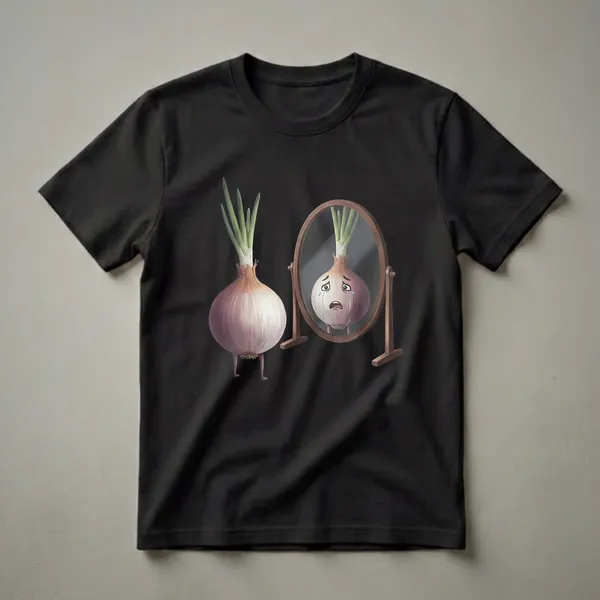 A graphic t-shirt featuring a cartoon onion with legs standing in front of a wooden mirror, its reflection showing a sad, crying onion face.