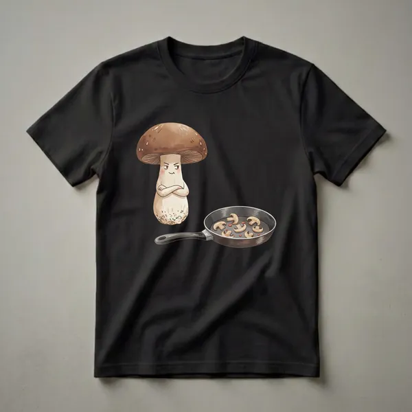 A white graphic t-shirt featuring a watercolor illustration of a grumpy mushroom character with crossed arms next to a frying pan of sautéed mushrooms and chili peppers.