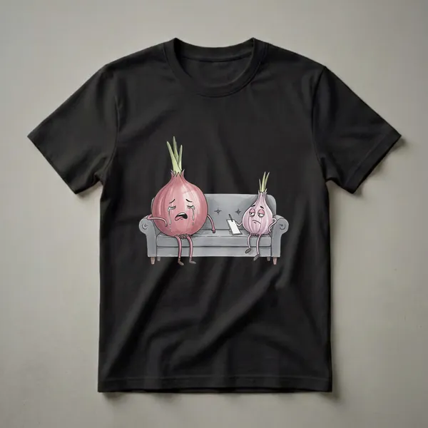 A watercolor-style graphic t-shirt featuring a crying red onion on a gray therapist's couch with a bored-looking purple garlic bulb holding a notepad.