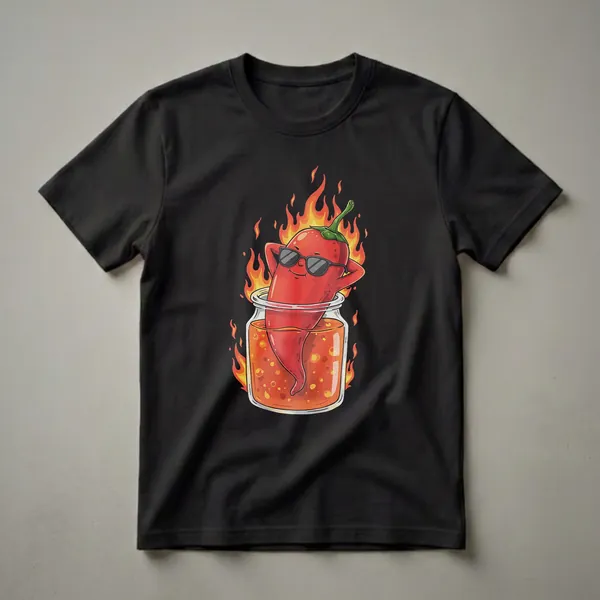 Red chili pepper wearing sunglasses relaxing in a jar of orange hot sauce with flames surrounding it, on a black background.