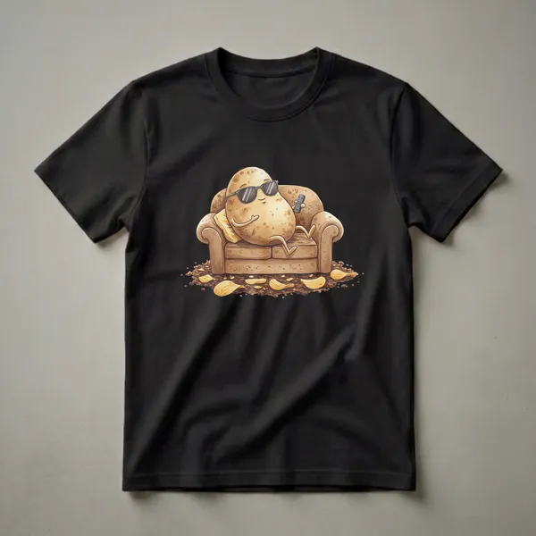 A watercolor graphic t-shirt design featuring a potato wearing sunglasses, sitting on a couch with a remote control, surrounded by potato chips.