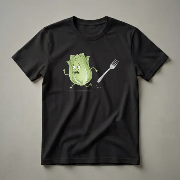A green cabbage character with a scared face and arms outstretched is running away from a silver fork on a black background. The shirt is black.