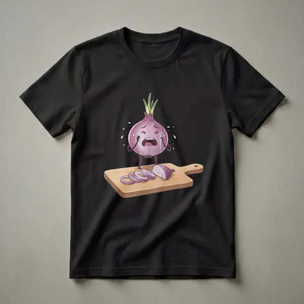A red onion t-shirt featuring a cartoon red onion crying dramatically while standing on a wooden cutting board with sliced onions.