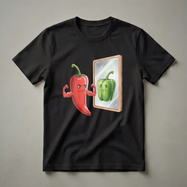 Red chili pepper flexing its biceps in front of a mirror that reflects a green bell pepper, on a black background.