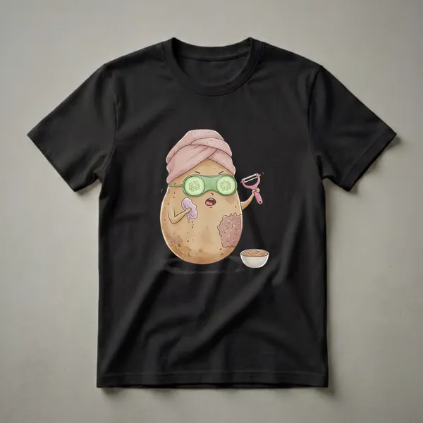 A cartoon potato wearing a pink spa towel and cucumber eye slices, holding a peeler and sponge, with a bowl of dip, on a black background.