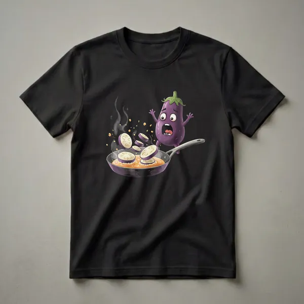 A purple cartoon eggplant character with a shocked expression is shown recoiling from a frying pan where slices of eggplant are being fried, with smoke and oil splatters around it.