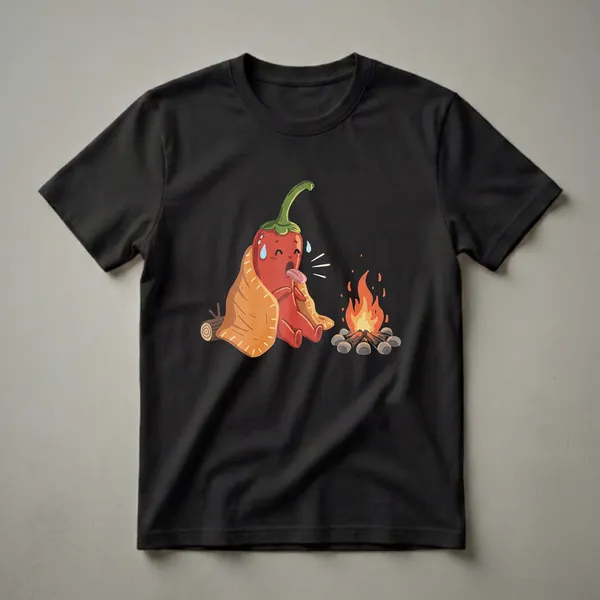 Black t-shirt with a cartoon graphic of a red chili pepper wrapped in an orange blanket, sitting by a campfire and looking overwhelmed by the heat.
