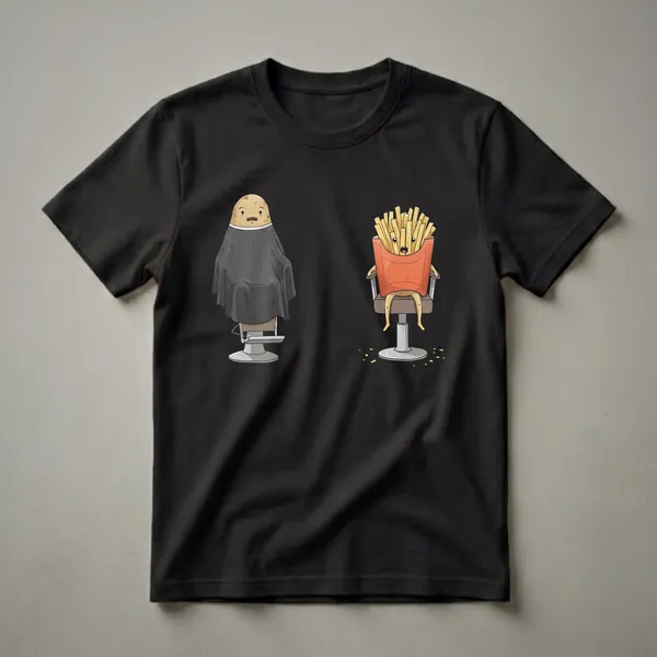 Black t-shirt featuring a cartoon of a potato with a mustache sitting in a barber chair under a cape, next to a box of french fries with a shocked expression sitting in a salon chair.