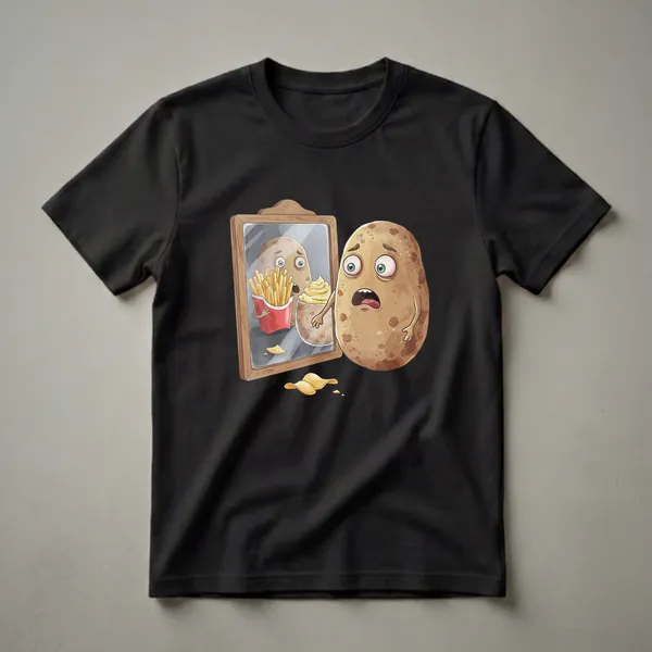 A graphic t-shirt featuring a cartoon potato character looking shocked at its reflection in a mirror, which shows the potato holding french fries and mashed potatoes.