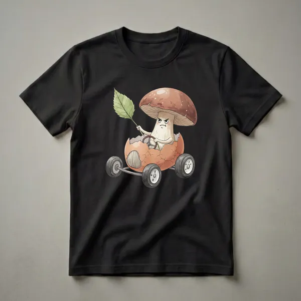 A watercolor t-shirt design featuring a grumpy mushroom character driving a cracked eggshell car, holding a green leaf. The mushroom has a brown cap and a stern expression.