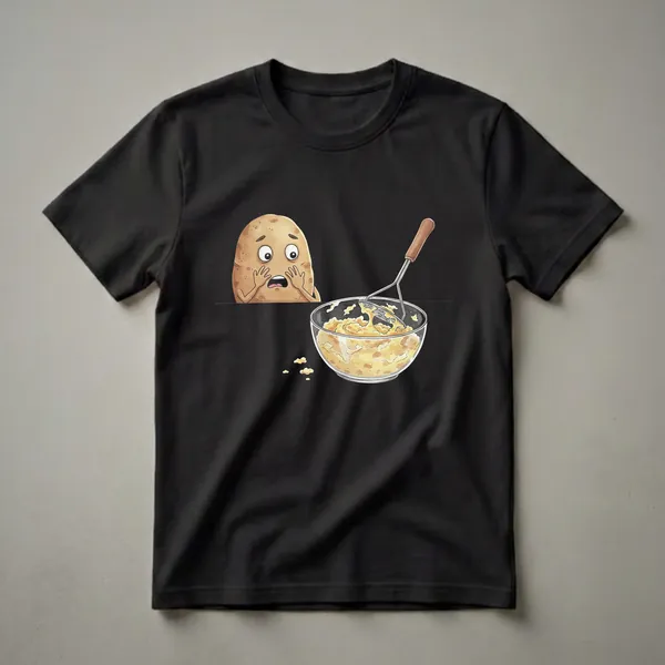 Black t-shirt featuring a cartoon potato with a shocked expression looking at a bowl of mashed potatoes being mashed by a potato masher.