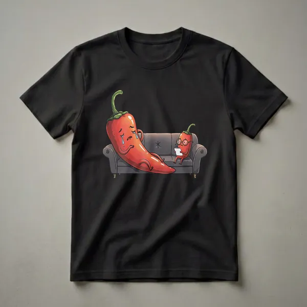 Black t-shirt featuring a cartoon illustration of a large red chili pepper crying on a couch while a smaller chili pepper in glasses takes notes.