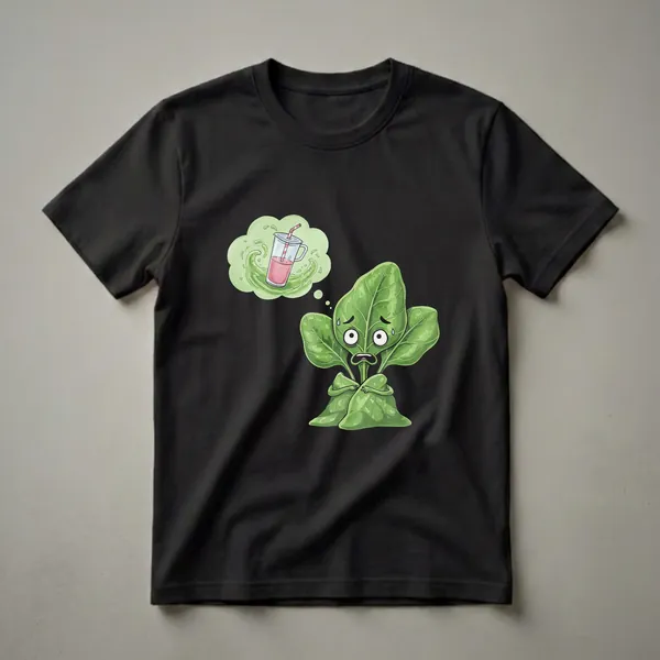 A green t-shirt featuring a cartoon spinach character with a worried expression, thinking about a pink smoothie with a striped straw, set against a black background.