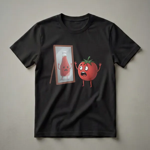 A red cartoon tomato character with wide eyes and an open mouth stands in front of a mirror, looking at its reflection as a sad ketchup bottle character.
