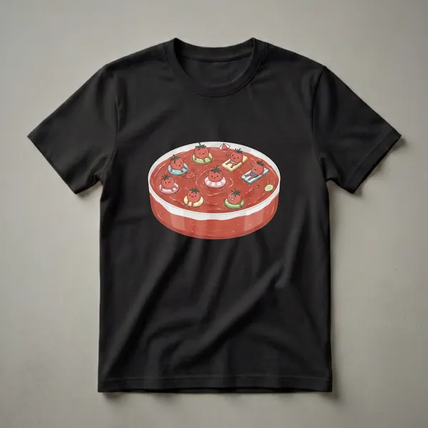 A white t-shirt featuring a humorous illustration of cartoon tomatoes having a pool party in a bowl of gazpacho, complete with inflatable rings and a tiny umbrella.