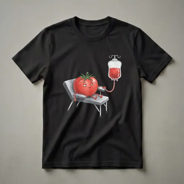 A red tomato with a tired expression sits on a gray examination table, receiving an IV drip from a bag filled with red liquid. The design has a watercolor art style.