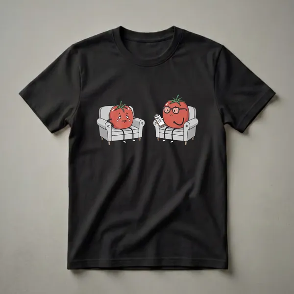 White graphic t-shirt featuring a cartoon illustration of two tomatoes in a therapy session, one crying on a couch and the other acting as a therapist.