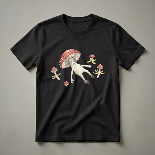 White graphic t-shirt featuring a watercolor illustration of a dazed, anthropomorphic mushroom with swirly eyes, surrounded by smaller mushrooms and banana peels, on a black background.