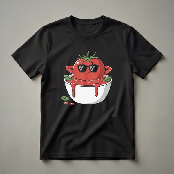 A red cartoon tomato wearing black sunglasses relaxes in a white bowl of tomato sauce, with green basil leaves and splatters. This graphic t-shirt design is on a black background.