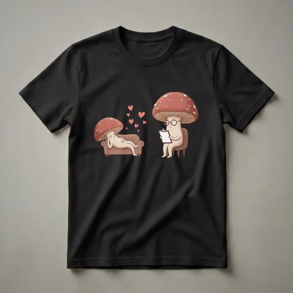 A graphic t-shirt design showing two cartoon mushrooms in a therapy session, with one mushroom crying on a couch and the other listening with a clipboard.