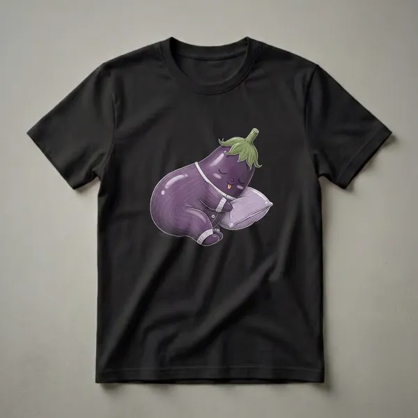 Purple eggplant character wearing striped pajamas and sleeping on a lavender pillow, with green leaves at the top.