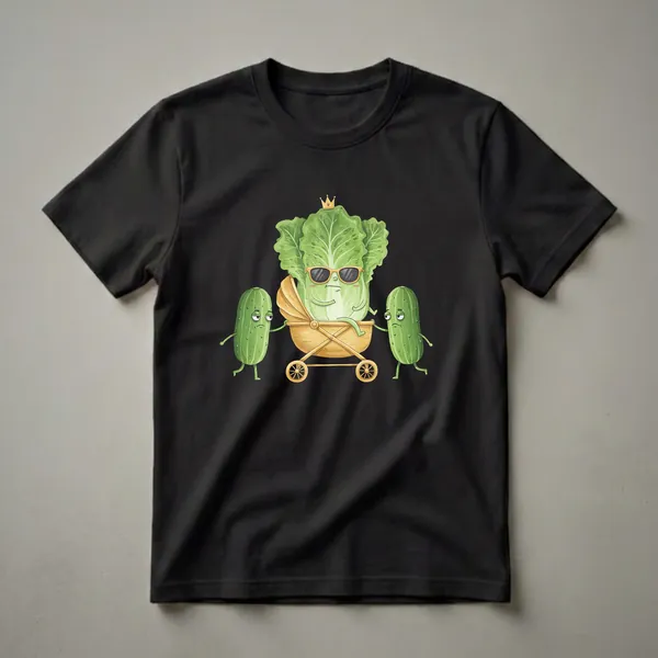 A graphic t-shirt featuring a watercolor illustration of a lettuce head wearing sunglasses and a crown in a baby stroller, with two grumpy cucumbers pushing it.