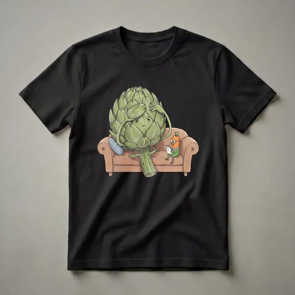 A graphic t-shirt featuring a watercolor illustration of a stressed artichoke on a couch with a carrot therapist taking notes.