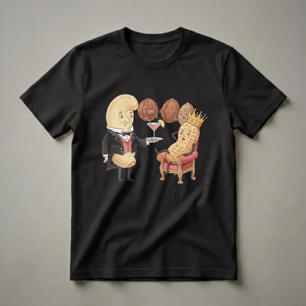Black t-shirt featuring a watercolor illustration of a cashew butler serving a drink to a peanut king, with other nuts looking on.