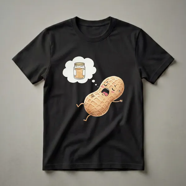 A watercolor graphic t-shirt featuring a sleeping cartoon peanut character with a thought bubble showing a jar of peanut butter.