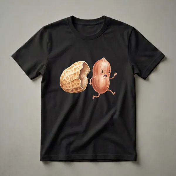 A funny watercolor t-shirt design featuring a cartoon peanut running away from a cracked peanut shell with a bite mark.