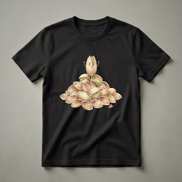A graphic t-shirt featuring a watercolor illustration of a pile of pistachios with a smiling, flexing pistachio character on top.