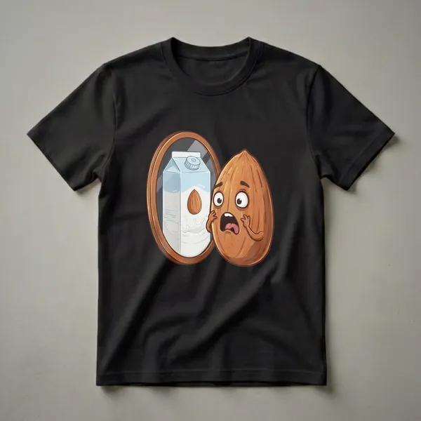 A cartoon almond with a shocked expression looks into a mirror reflecting a carton of almond milk, on a black background.