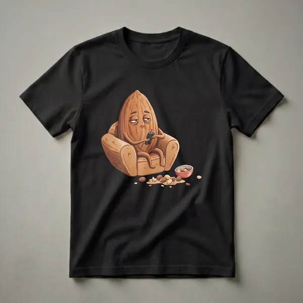 A graphic t-shirt featuring a cartoon almond character sitting on a couch with a remote control and a bowl of nuts, depicting a movie night scene.