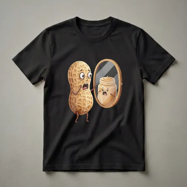 A graphic t-shirt featuring a cartoon peanut with a shocked expression looking into a mirror at a jar of peanut butter, also with a shocked expression.
