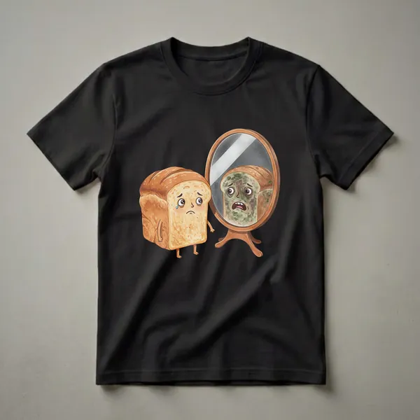 A watercolor graphic t-shirt featuring a slice of bread with arms and legs, crying as it looks into a mirror at its moldy, distressed reflection.