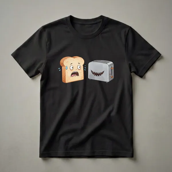 A graphic t-shirt featuring a cartoon slice of bread with a terrified expression and sweat, facing a cartoon toaster with a menacing grin and sharp teeth.